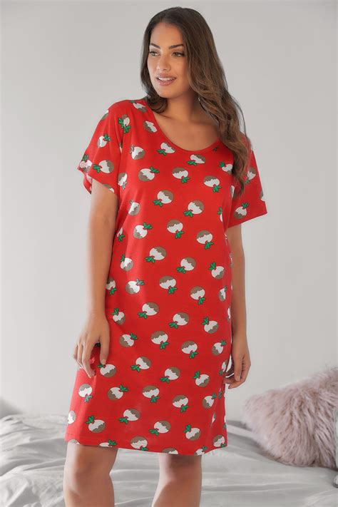 Red Christmas Pudding Print Nightdress Plus Size 16 To 36