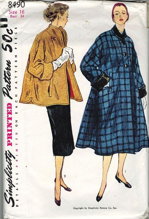 1950s Womens Coat Patterns Simplicity 8490 Vintage 1950s Swing Coat