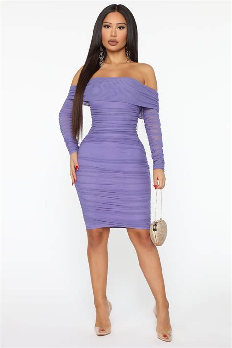 ready in a ruched off shoulder midi dress purple dresses fashion nova