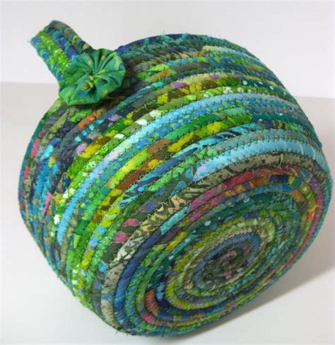 Rope Coiled Basket Scrappy Green Clothesline Bowl Hand Quilted Fabric