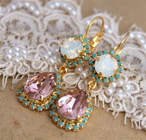 Turquoise White And Vintage Pink Crystal Chandelier Earrings