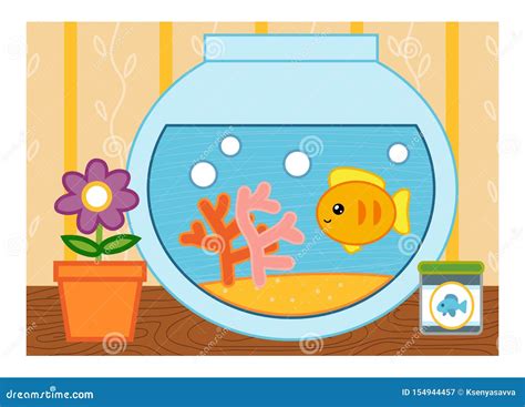 Cartoon Illustration For Children Colorful Poster Goldfish In A Bowl