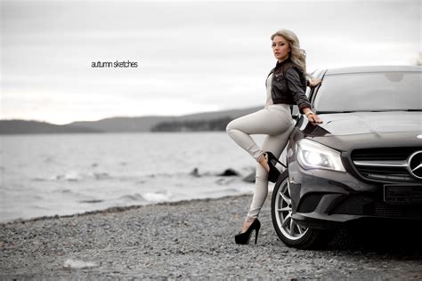 Mercedes Benz Women With Cars Pants Women Outdoors High Heels Women Leather Jackets Car