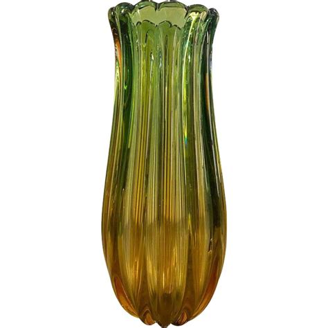 Mid Century Green And Yellow Murano Glass Vase By Seguso 1960s