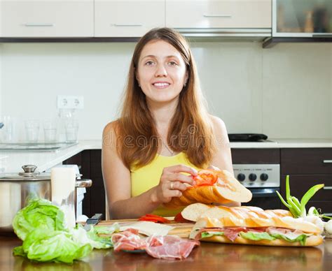 Happy Woman Cooking Spanish Sandwiches Stock Image Image Of Gourmet Interior