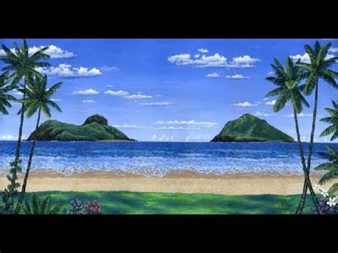 Contoh lukisan pemandangan di tepi pantai waktu senja. kaedah lukisan, pantai dan pokok kelapa, akrilik cat pada ...