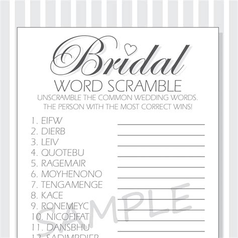 Diy Bridal Word Scramble Printable Cards For A Bridal Shower Etsy