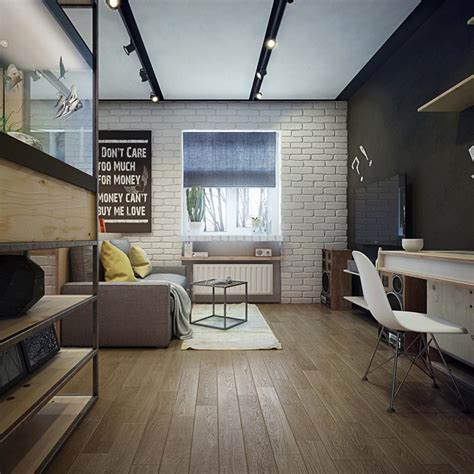 Tiny One Bedroom Apartment Design With Work Space And Bathtub