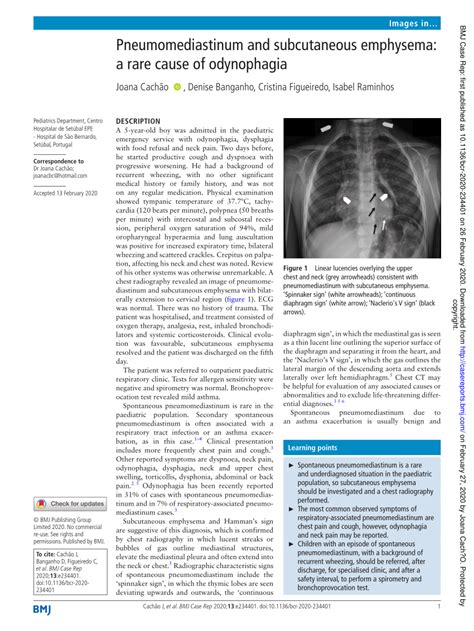 PDF Pneumomediastinum And Subcutaneous Emphysema A Rare Cause Of