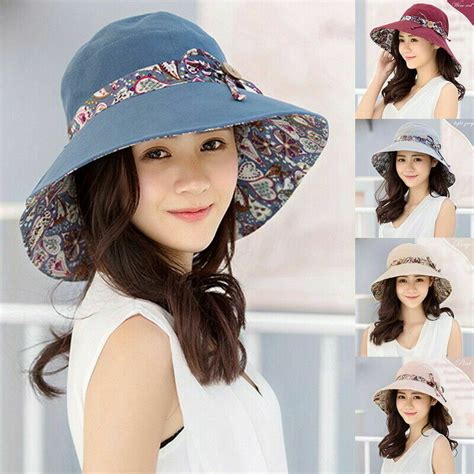 Anti Uv Womens Wide Brim Summer Beach Cotton Bucket Sun Protective Hat Ebay