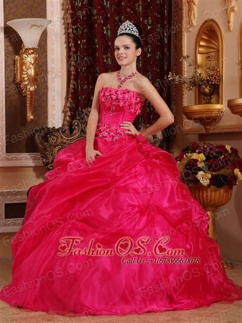 Cute Hot Pink Sweet 16 Dress Strapless Organza Appliques Ball Gown You