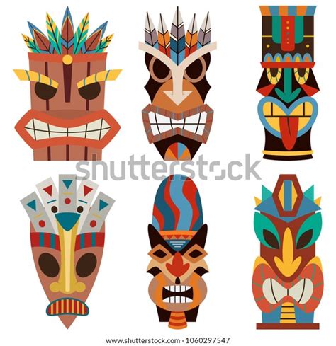 Tiki Mask Vector Set Cut Wooden Stock Vector Royalty Free 1060297547