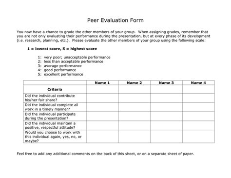 Peer Evaluation Form In Word And Pdf Formats