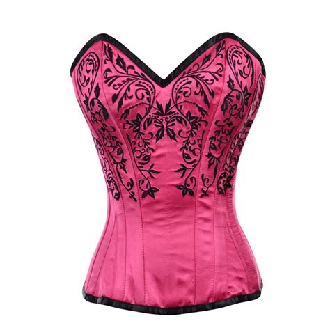 Pink Satin Corset With Black Flower Motif Corsets And Bustiers Pink