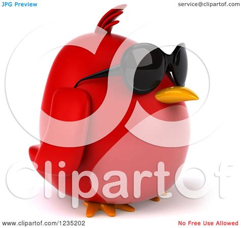Clipart Of A 3d Chubby Red Bird Wearing Sunglasses And Facing Right