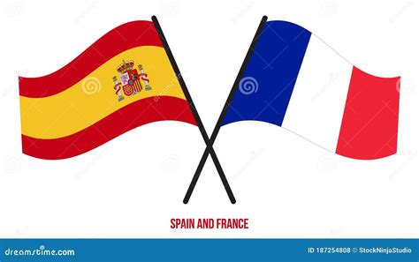 Spain And France Flags Crossed And Waving Flat Style Official