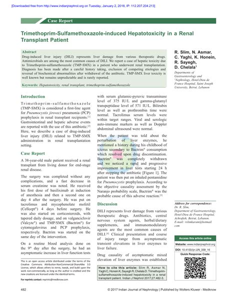 PDF Trimethoprim Sulfamethoxazole Induced Hepatotoxicity In A Renal