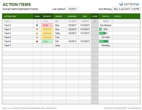 Screenshot Of The Action Items Template In Excel Meeting Notes