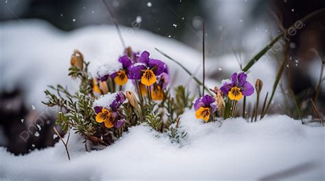 Viola Lily Flowers Grow In A Snow Covered Area Background Flowers In