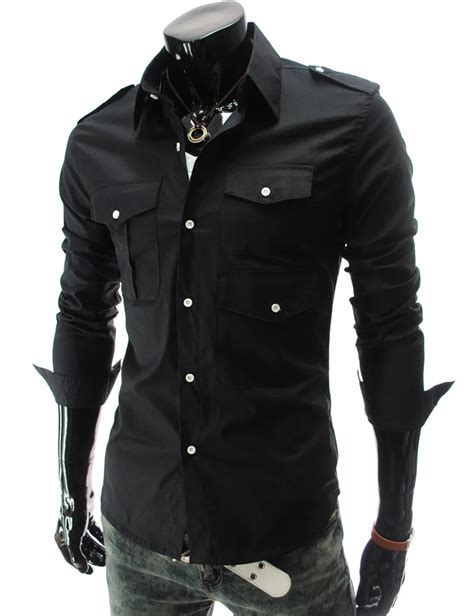 Mens Long Sleeve Black Clearance Slim Fit Button Front Shirts Casual