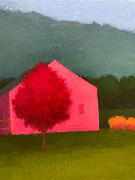 Tracy Helgeson Farm At Dusk Color Field Landscape Painting Of Pink