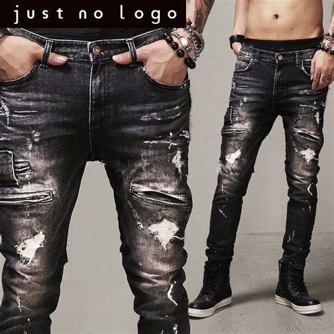 cheap men males designer fashion zipper hiphop black dark biker motorcycle denim jeans slim