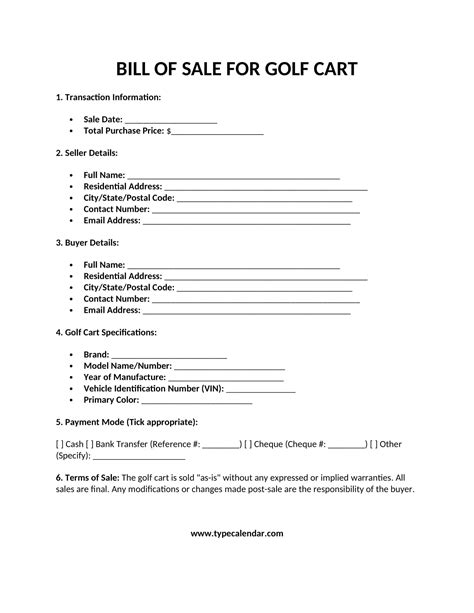 Free Printable Golf Cart Bill Of Sale Templates Pdf Word Form