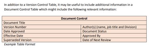 Document Version Control Table Example Compliance Consultant