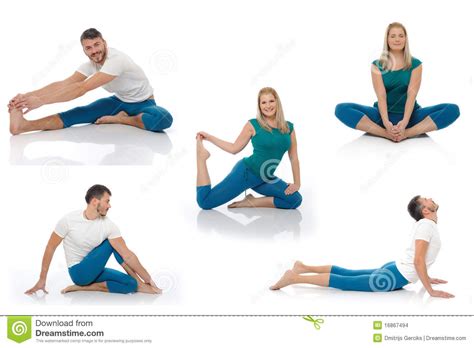Active Man And Woman Doing Yoga Fitness Poses Stock Photo