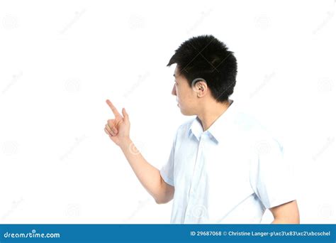 Asian Man Pointing Behind Him Stock Photo Image Of Communication