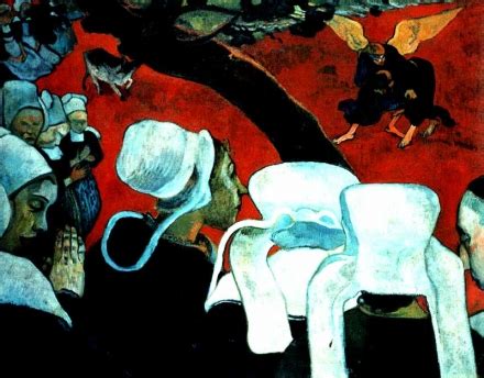 It depicts a scene from the bible in which jacob wrestles an angel. EPPH | Gauguin's Vision after the Sermon (1888)