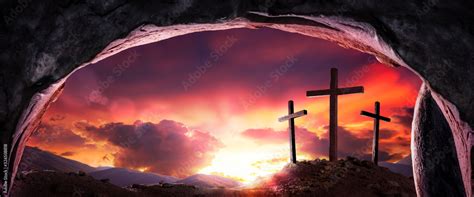 View Of Three Wooden Crosses And Sunrise From Open Tomb Death And