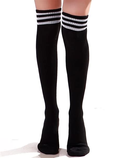 Hde Women Three Stripe Over Knee High Socks Extra Long Athletic Sport Tube Socks Blackwhite