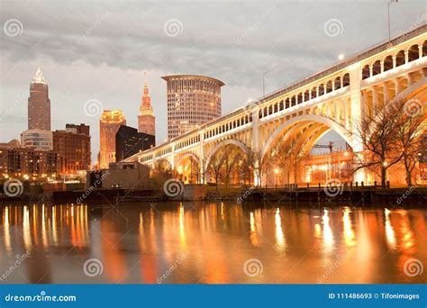 Detroit Superior Bridge Over Cuyahoga River And Downtown Skyline Of