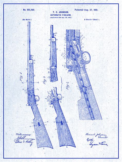 1901 Winchester Automatic Firearm Patent Print Blueprint Drawing By