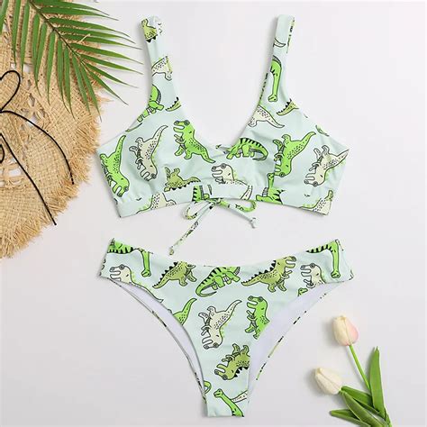 Sexy Dinosaurs Print Bikini 2020 Swimwear Women Summer Lace Up Push Up