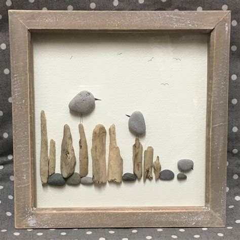 Driftwood, bird, Pebble Art, romantic, framed Picture, rustic home ...