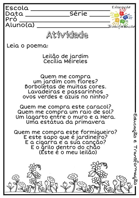 Atividades Com O Poema Leilão De Jardim 3 Ano