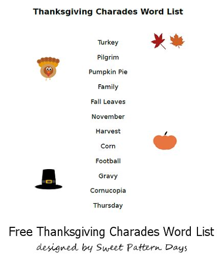 Thanksgiving Charades Word List Printable Bonbon Brea
