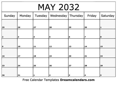 May 2032 Calendar Free Blank Printable With Holidays