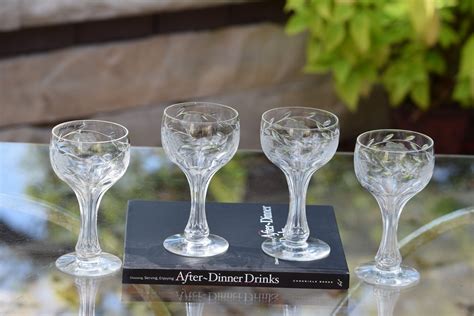 4 Vintage Etched Crystal Hollow Stem Wine Glasses After Dinner Drinks 4 Oz Unique Hollow