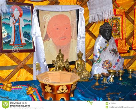 elista russia genghis khan`s portrait and objects of a buddhist cult in the kalmyk yurta