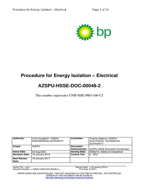 Azspu Ssow Procedure For Energy Isolation Electrical Pdf Fuse