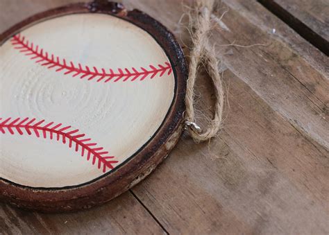 Baseball Hand Painted Wood Slice Ornament By Our Backyard Studio In