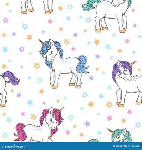 Magic Vector Fairytale Seamless Pattern With Cute Colorful Unicorns And