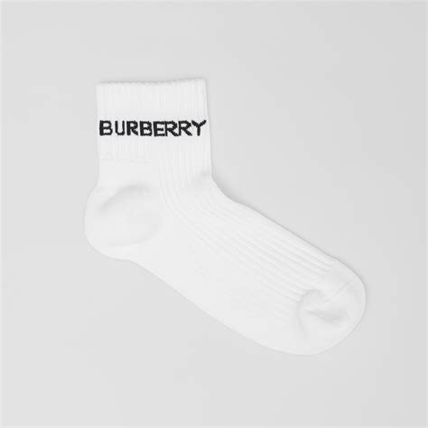Logo Intarsia Technical Stretch Cotton Ankle Socks In White Burberry