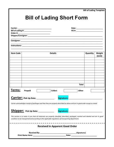 Printable Bill Of Lading Form Printable Form 2024