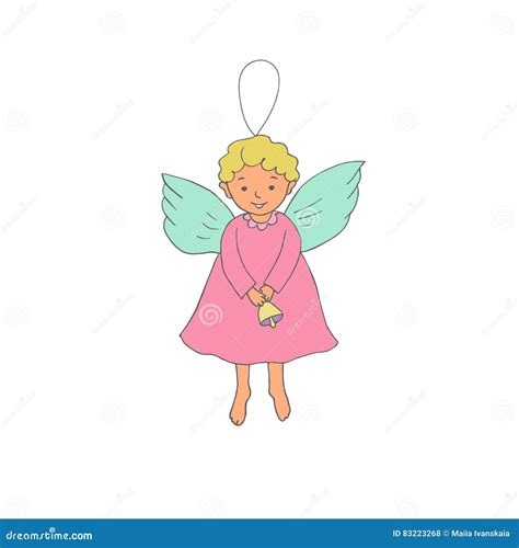 Cute Christmas Angel With Bell In Cartoon Style Stock Vector