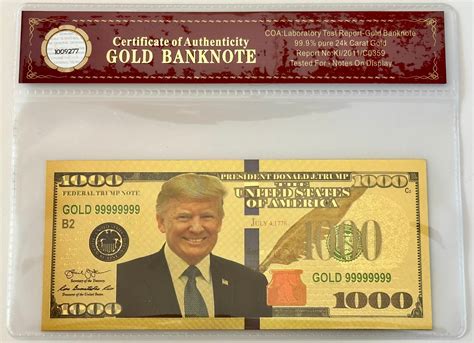 President Donald Trump 1000 Dollar Bill 24k Gold 3d Overlay With Coa Etsy