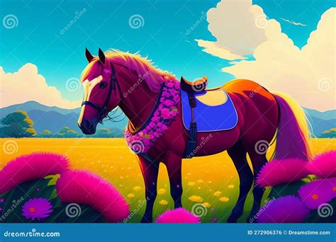 A Horse In The Middle Of A Countryside Landscape Stock Illustration
